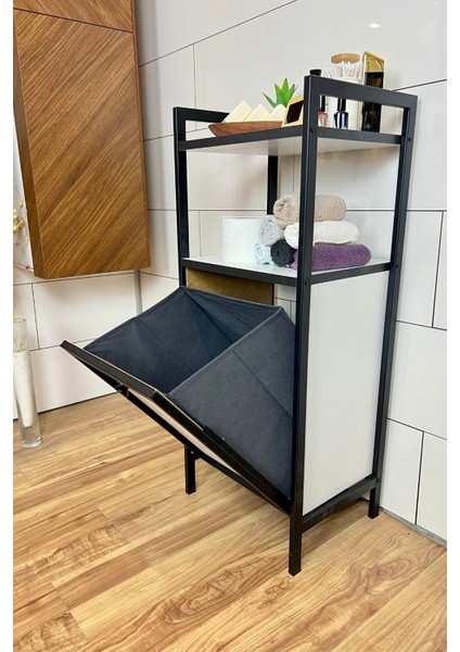 Ahşap ve metal, 2 katlı şık banyo ve çamaşır sepeti seti