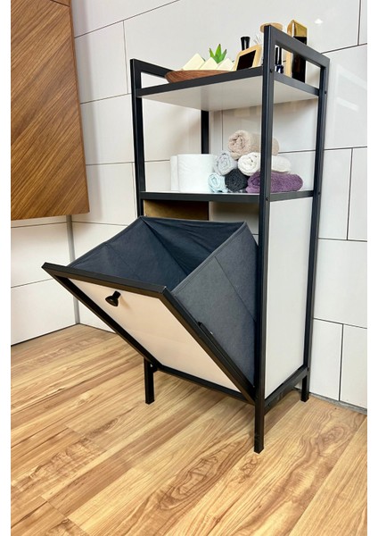 Ahşap ve metal, 2 katlı şık banyo ve çamaşır sepeti seti