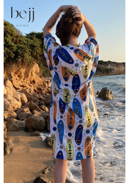 Yazlık kapşonlu bornoz ve plaj havlusu, pamuk, beyaz-mavi, tek parça fiyatları