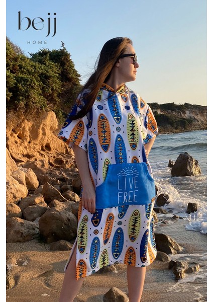 Yazlık kapşonlu bornoz ve plaj havlusu, pamuk, beyaz-mavi, tek parça fırsatları