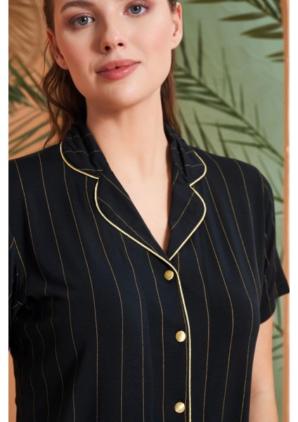 Kadın Kısa Kol Çizgili Önü Düğmeli Pijama Takımı