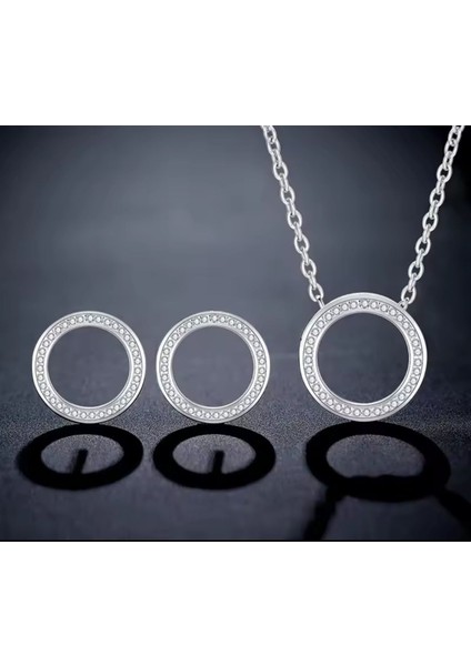 Kadınlar Için Zirkon Taşlı Silver Renk 2 Li Kolye Küpe Seti