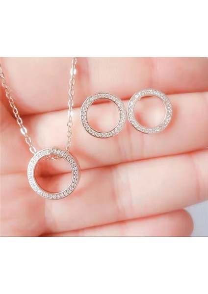 Kadınlar Için Zirkon Taşlı Silver Renk 2 Li Kolye Küpe Seti