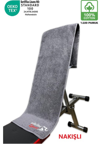 Pamuklu Spor ve Fitness Havlusu, Nakışlı, 30x120cm, Antrasit Gri