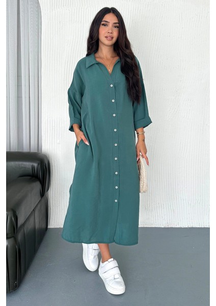 Kadın Oversize Modal Gömlek Elbise – Cepli, Düğmeli, Yazlık Rahat Model Çağla