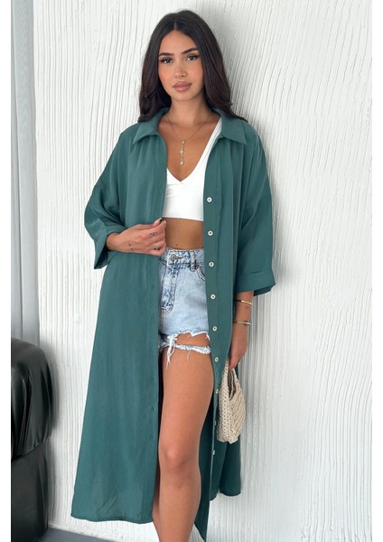 Kadın Oversize Modal Gömlek Elbise – Cepli, Düğmeli, Yazlık Rahat Model Çağla modelleri