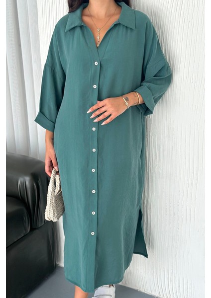 Kadın Oversize Modal Gömlek Elbise – Cepli, Düğmeli, Yazlık Rahat Model Çağla fırsatları