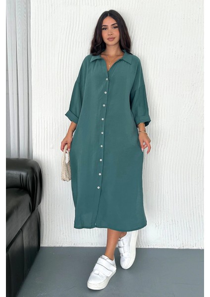 Kadın Oversize Modal Gömlek Elbise – Cepli, Düğmeli, Yazlık Rahat Model Çağla indirimleri