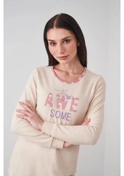 Bayan Yazı Detaylı Pijama Takımı