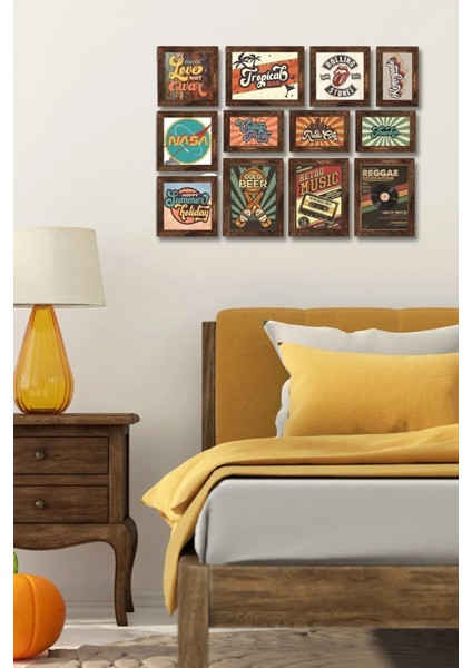 12 Parça Ahşap Tablo Seti Duvar Dekoru - Retro Music Salon Oturma Yatak Odası Için 65X50 cm