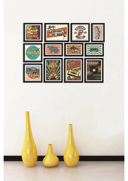 12 Parça Ahşap Tablo Seti Duvar Dekoru - Retro Music Salon Oturma Yatak Odası Için 65X50 cm
