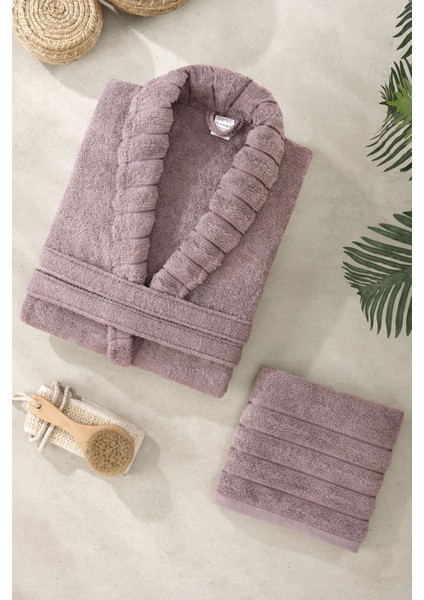 Yumuşak Şıklık Banyo Tek Kişilik Bornoz Takımı, %100 Pamuk, Mor, 2 Parça