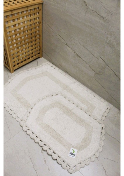 2'li Özel Dokuma El Örgüsü Banyo Paspası Seti, 60x90+40x60, Kalın Pamuk, Krem modelleri