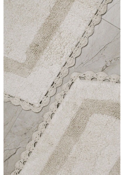 2'li Özel Dokuma El Örgüsü Banyo Paspası Seti, 60x90+40x60, Kalın Pamuk, Krem
