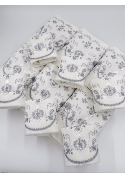 Kadife Nakışlı 6'lı Havlu Seti, Analı-Kızlı, 50x90 ve 30x50, şık ve kaliteli ürün