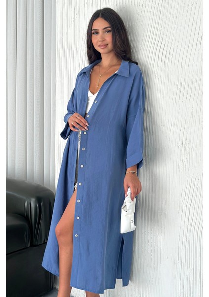 Kadın Oversize Modal Gömlek Elbise – Cepli, Düğmeli, Yazlık Rahat Model Mavi