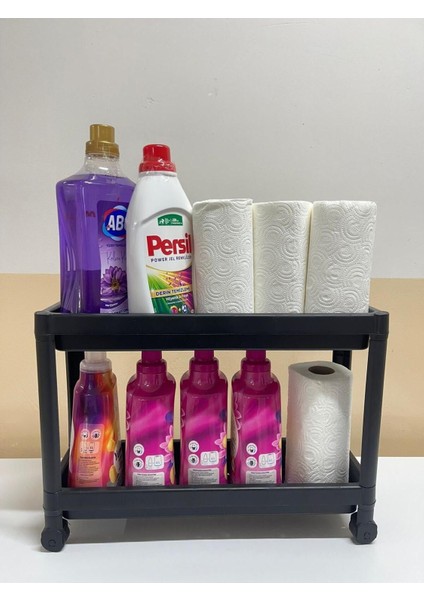 İki Katlı Tekerlekli Lavabo Altı Düzenleyici Raf, Siyah, Plastik, Mutfak ve Banyo İçin