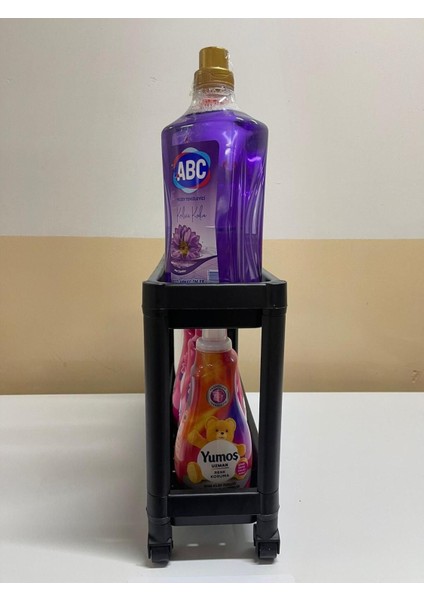 İki Katlı Tekerlekli Lavabo Altı Düzenleyici Raf, Siyah, Plastik, Mutfak ve Banyo İçin