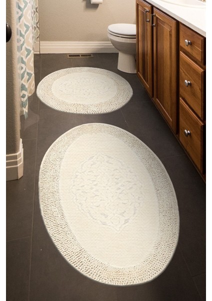 Krem Renk Oval Pamuklu Banyo Paspas Takımı, Kaymaz Taban, Konforlu ve Şık Kullanım