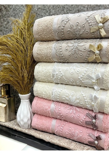 6'lı pamuklu güpürlü yüz havlusu seti, fiyonklu, desenli, 50x90 cm