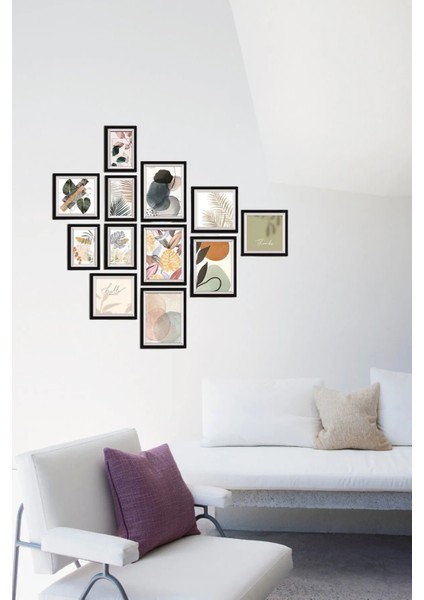 12 Parça Ahşap Tablo Seti - Bohem Yapraklar Salon Otuma Yatak Odası Için Mdf Duvar Dekoru 75X75 cm