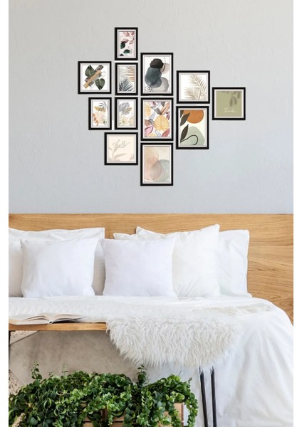12 Parça Ahşap Tablo Seti - Bohem Yapraklar Salon Otuma Yatak Odası Için Mdf Duvar Dekoru 75X75 cm