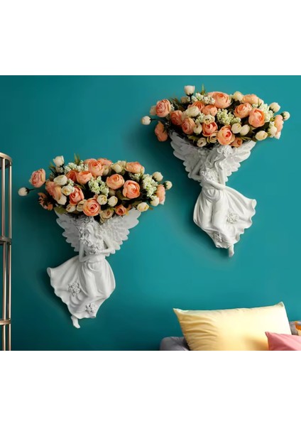 Obje Duvara Asmalı Melek Figürlü Kız-Çiçeklik Sol ve Sağ 2 Liset