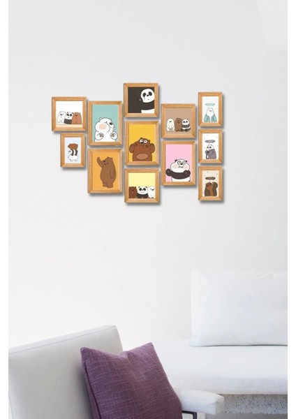 12 Parça Ahşap Tablo Seti Duvar Dekoru - Ayıcık Çerçeve Görünümlü Çocuk Odası Anaokulu Için 75X55CM