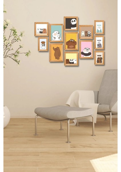 12 Parça Ahşap Tablo Seti Duvar Dekoru - Ayıcık Çerçeve Görünümlü Çocuk Odası Anaokulu Için 75X55CM fiyatları