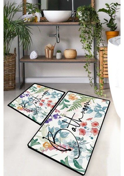 Renkli Banyo Halısı 2'li Set, Kaymaz Taban, 60x100 cm, Polyester