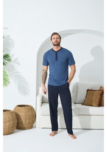 Erkek Midi Yaka Kısa Kol Pijama Takım