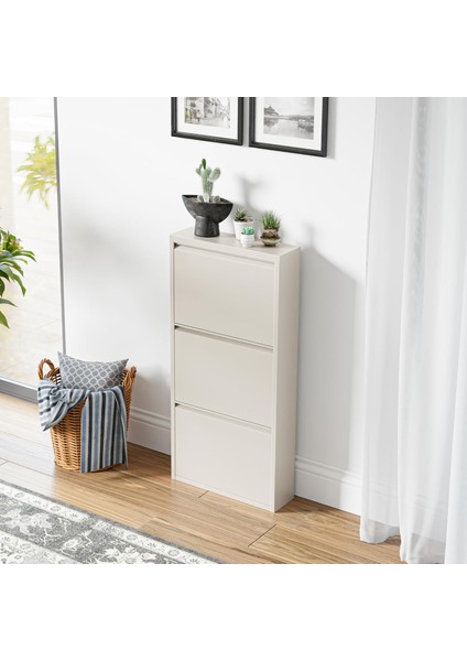 3 Raflı Metal Ayakkabılık Krem modelleri