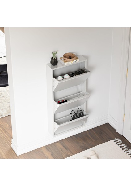 3 Raflı Metal Ayakkabılık Krem