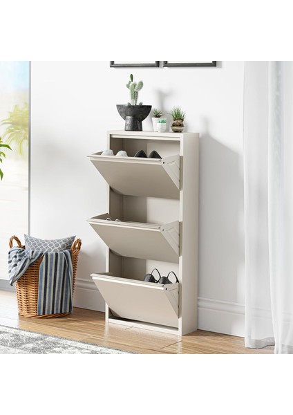 3 Raflı Metal Ayakkabılık Krem