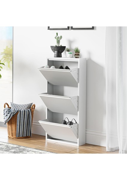 3 Raflı Metal Ayakkabılık Beyaz modelleri