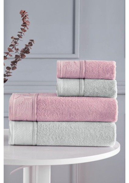 Pembe ve gri renkli şık, rahat hamam takımı seti, pamuk polyester materyal