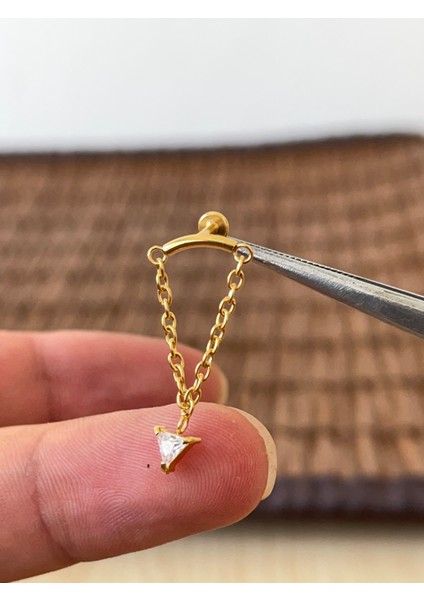 316 L Cerrahi Çelik Üçken Zirkon Taşlı Zincirli Dudak Helix Kıkırdak Tragus Piercingi