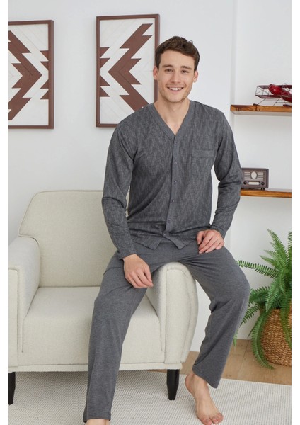 Erkek V Yaka Boydan Düğmeli Pijama Takımı