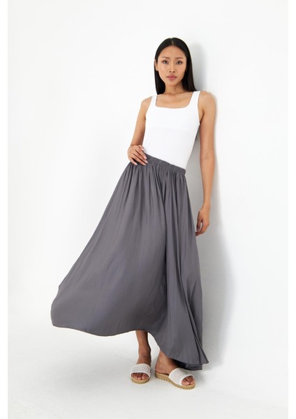 Beli Lastikli Kraşlı Uzun Saten Etek