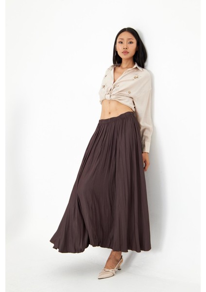 Beli Lastikli Kraşlı Uzun Saten Etek