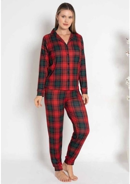 Bayan Termal Önü Düğmeli Ekoseli Pijama Takımı
