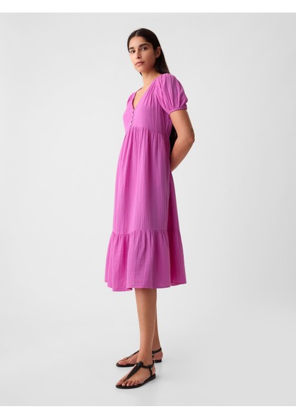 Kadın Pembe Crinkle Gauze Midi Elbise