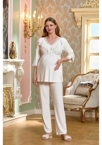 Dirsek Kol Dantel Detaylı Lohusa Pijama Takımı