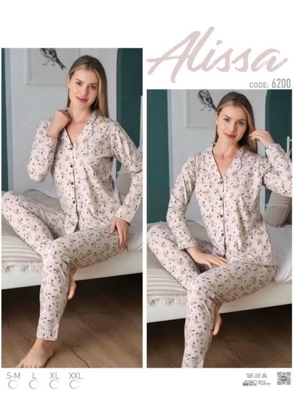 Bayan Önü Düğmeli Desenli Pijama Takımı