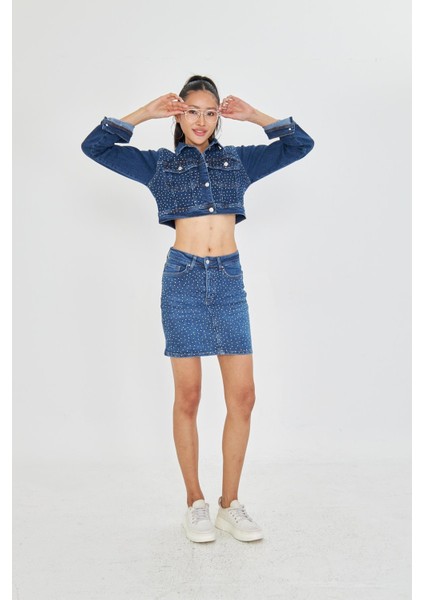 Taşlı Mini Denim Etek