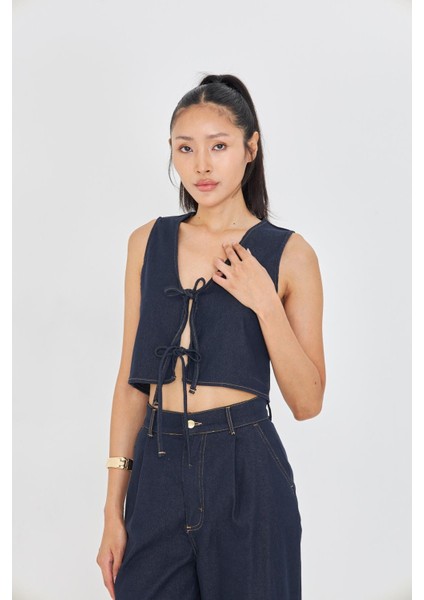 Bağcık Detaylı Denim Yelek