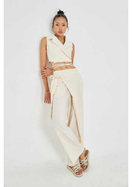 Bol Paça Keten Görünümlü Etek Pantolon