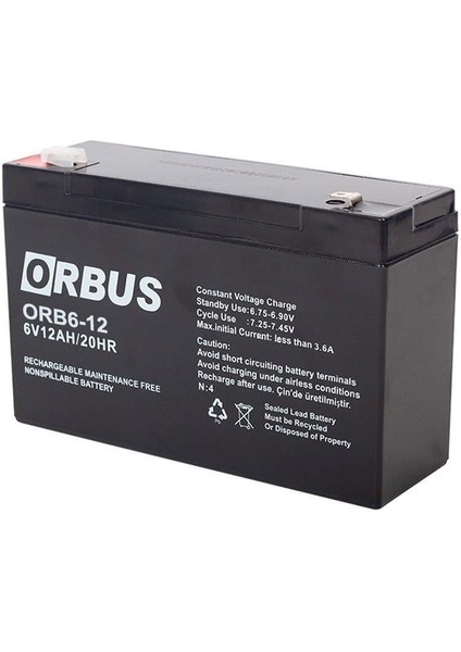 6 Volt 12 Amper Kuru Akü Orb6-12 (150X50X94 Mm)