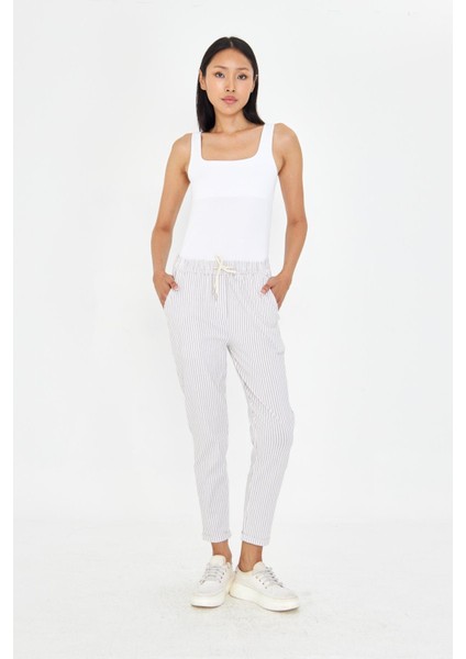 Lastikli Çizgili Chino Pantolon