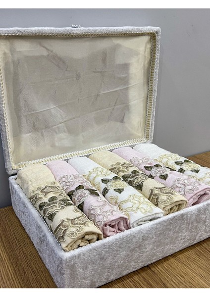 Güpürlü Saten İşleme Desenli Lüks 50x90 El Yüz Havlu Seti 6'lı, krem pudra bej fiyatları